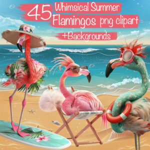 Quirky Flamingos at Beach Clipart & Backgrounds
