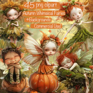 Cute Whimsical Autumn Fairies Clipart & Backgrounds