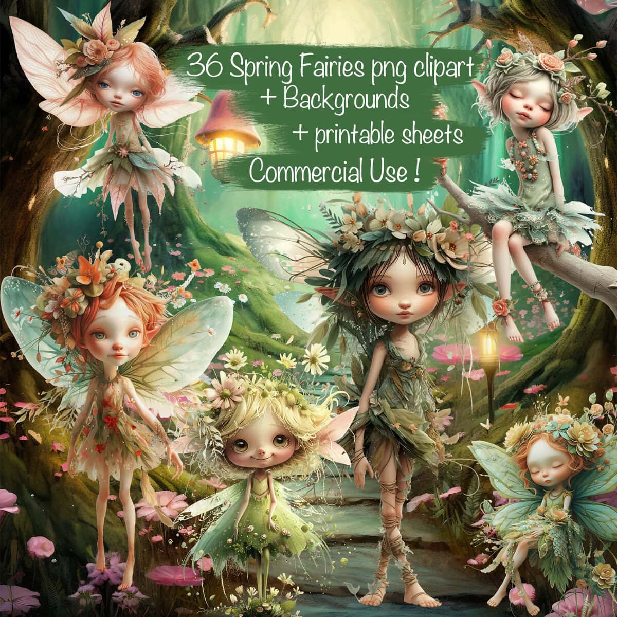 Fantasy Whimsical Spring Fairies Clipart & Backgrounds