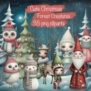 Whimsical Christmas Forest Creatures Clipart & Backgrounds