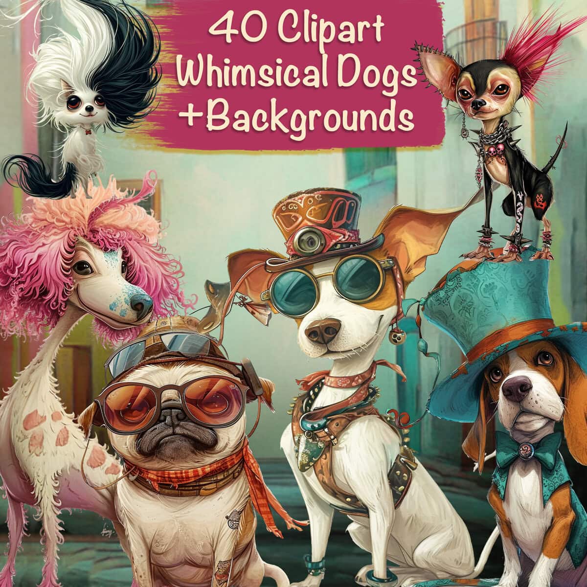 Funny Whimsy Dogs Clipart & Backgrounds