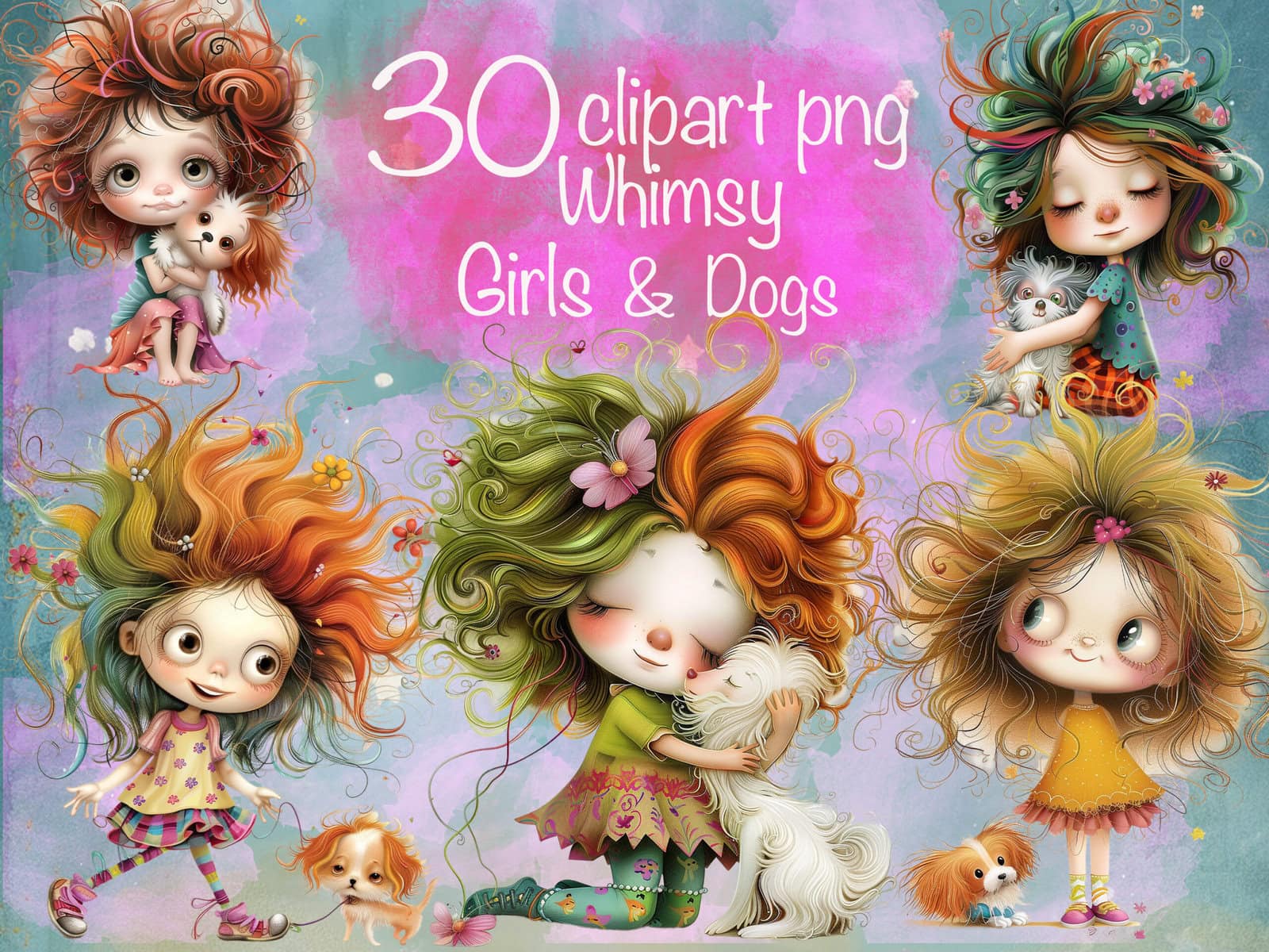 Adorable Girls and Puppies Clipart & Backgrounds