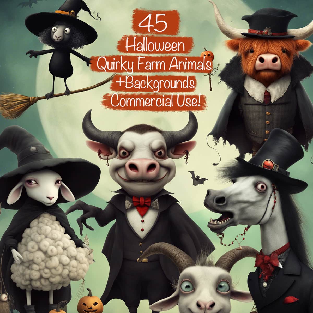 Quirky Halloween Farm Animals Clipart & Backgrounds