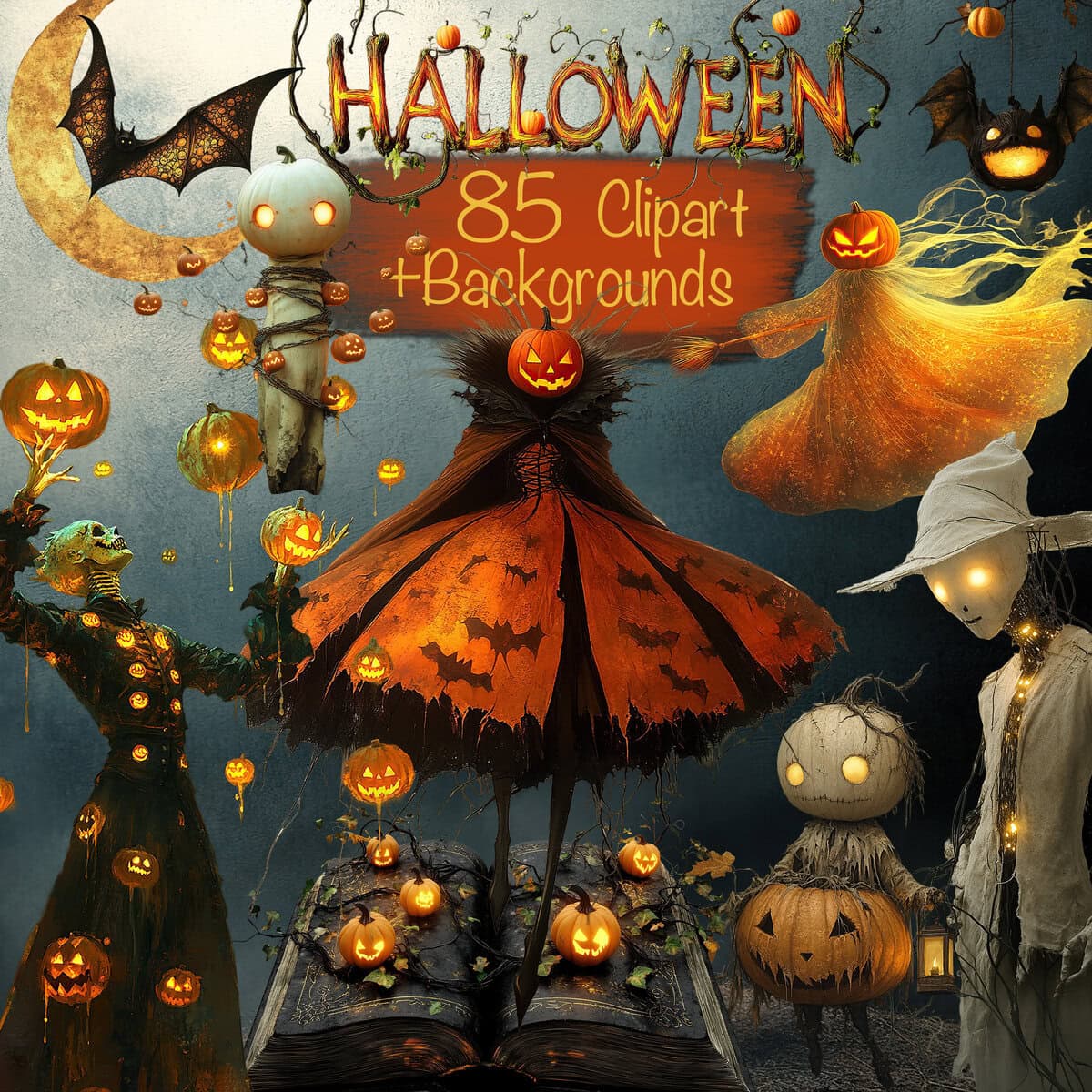 Quirky Halloween Characters Clipart & Backgrounds