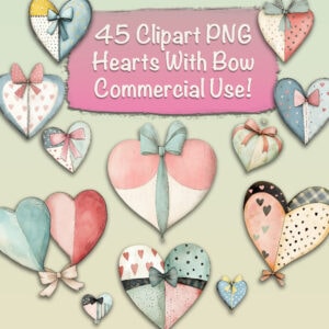 Whimsical Valentine Hearts with Bow Clipart