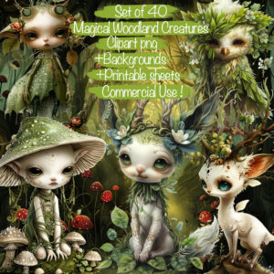 Fantasy Spring Magical Woodland Creatures Clipart & Backgrounds