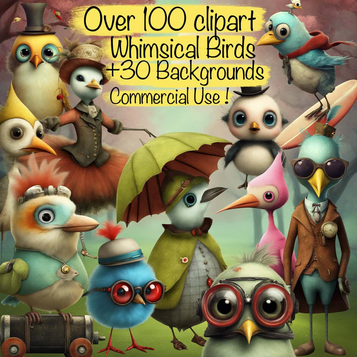 Whimsical Quirky Birds Clipart & Backgrounds