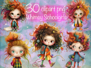 Whimsical Adorable Little Schoolgirls Clipart & Backgrounds