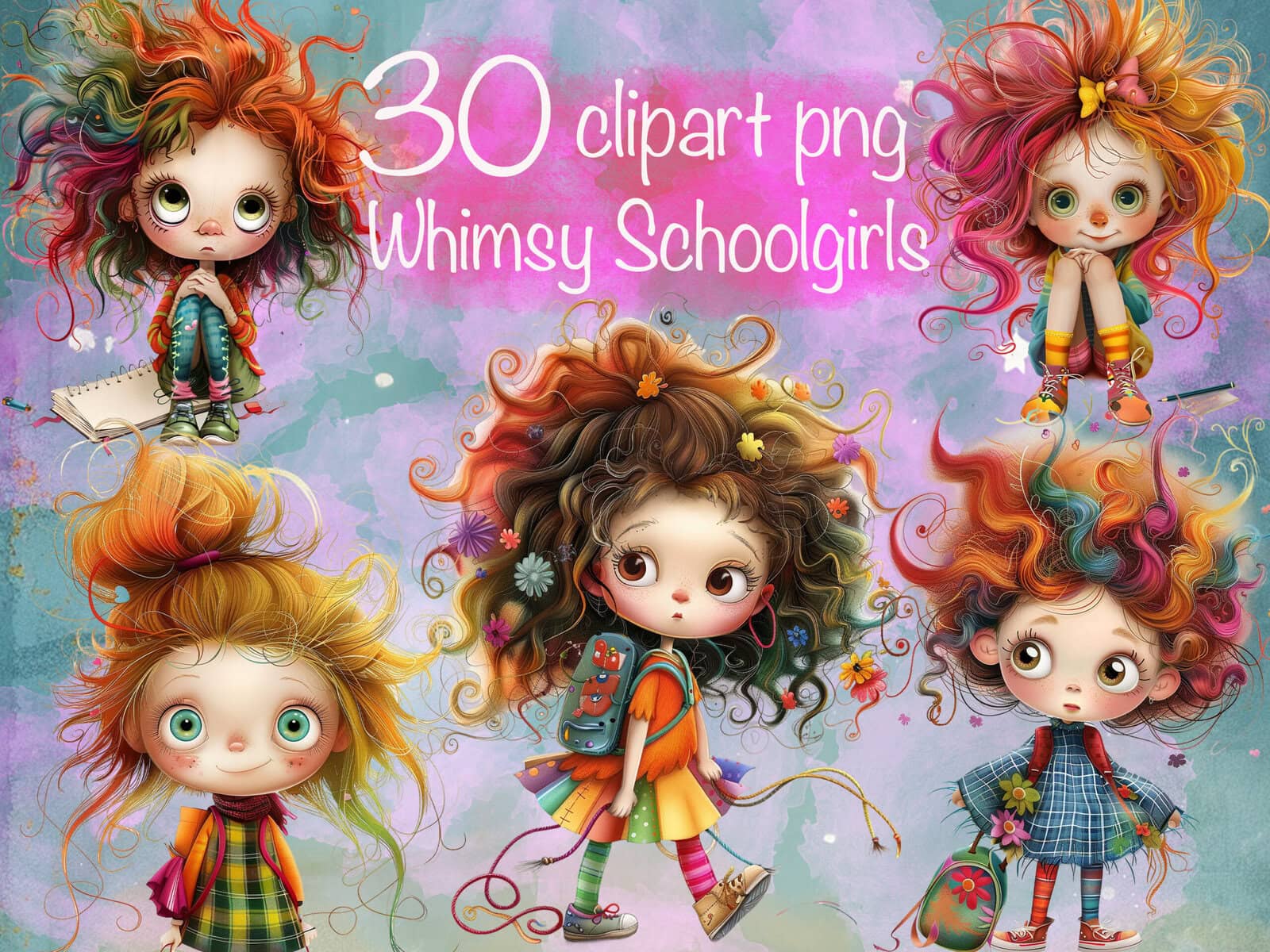 Whimsical Adorable Little Schoolgirls Clipart & Backgrounds