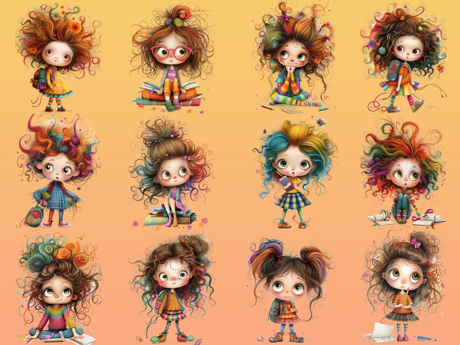 Whimsical Adorable Little Schoolgirls Clipart & Backgrounds - Image 2