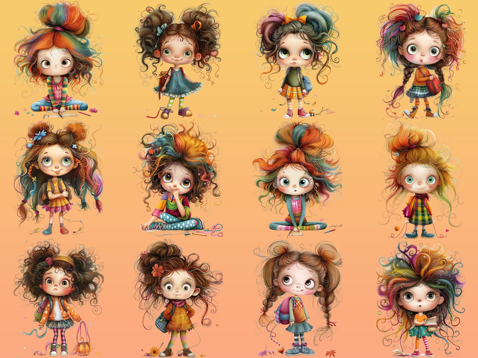 Whimsical Adorable Little Schoolgirls Clipart & Backgrounds - Image 3