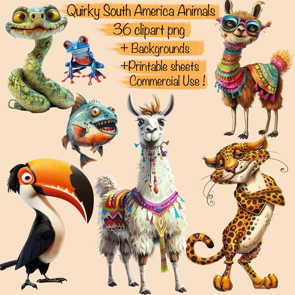 Quirky Whimsy South America Animals Clipart & Backgrounds
