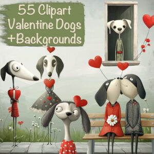Whimsical Valentine Dogs Characters Clipart & Backgrounds