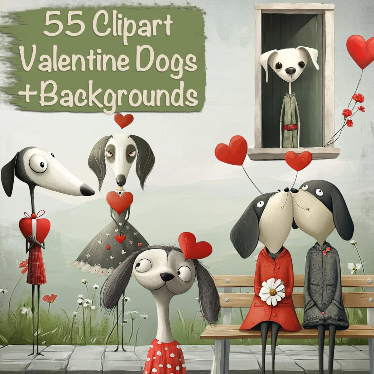 Whimsical Valentine Dogs Characters Clipart & Backgrounds