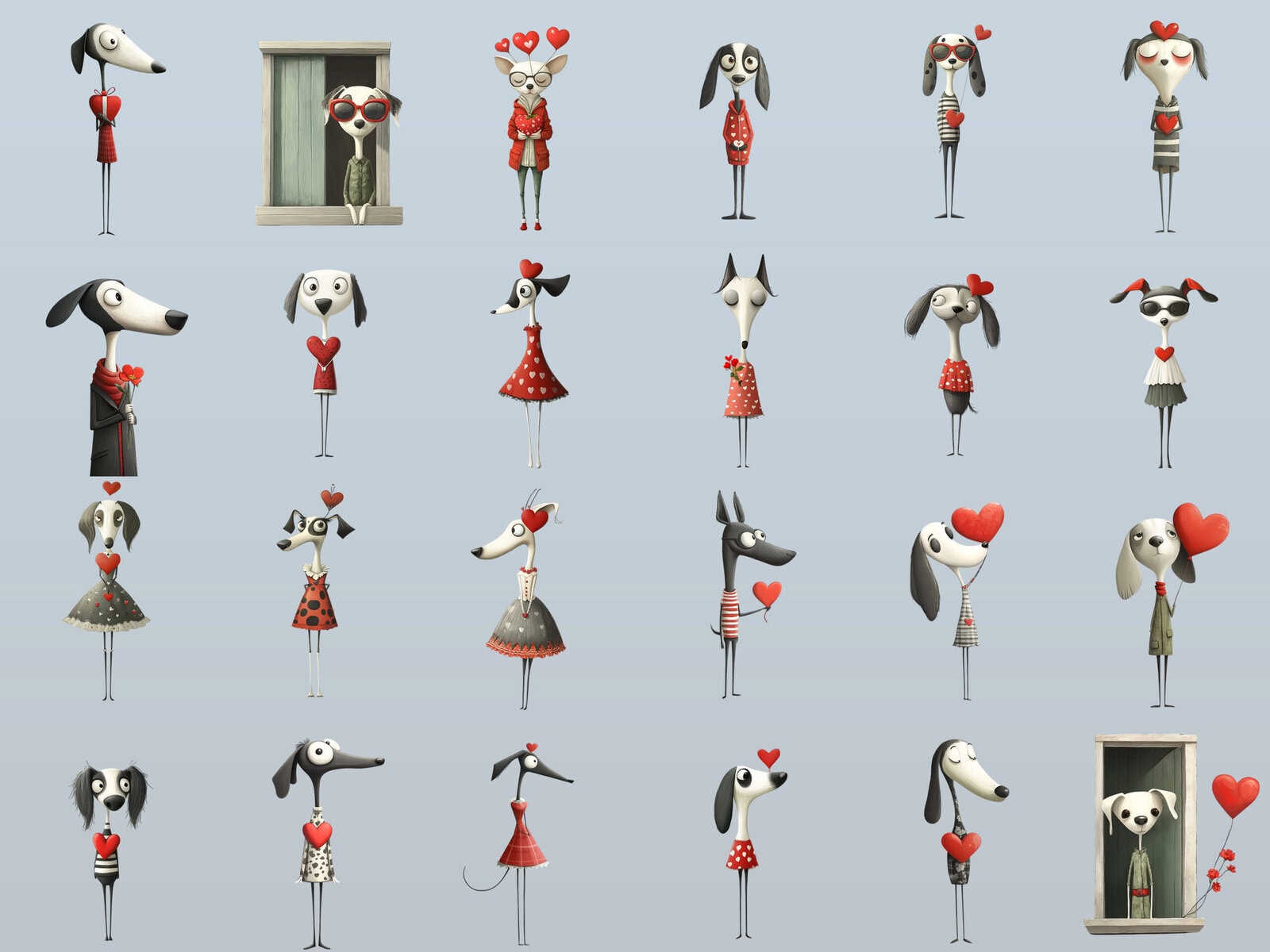 Whimsical Valentine Dogs Characters Clipart & Backgrounds - Image 2