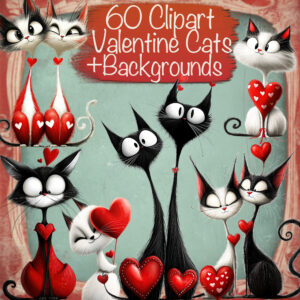 Whimsical Valentine Cats Clipart & Backgrounds