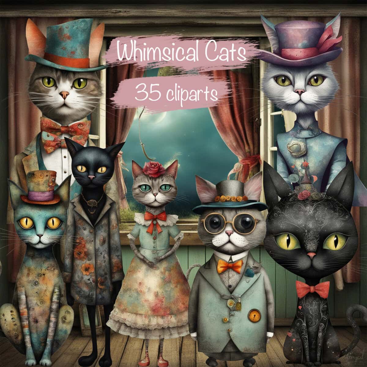Whimsical Cats Clipart