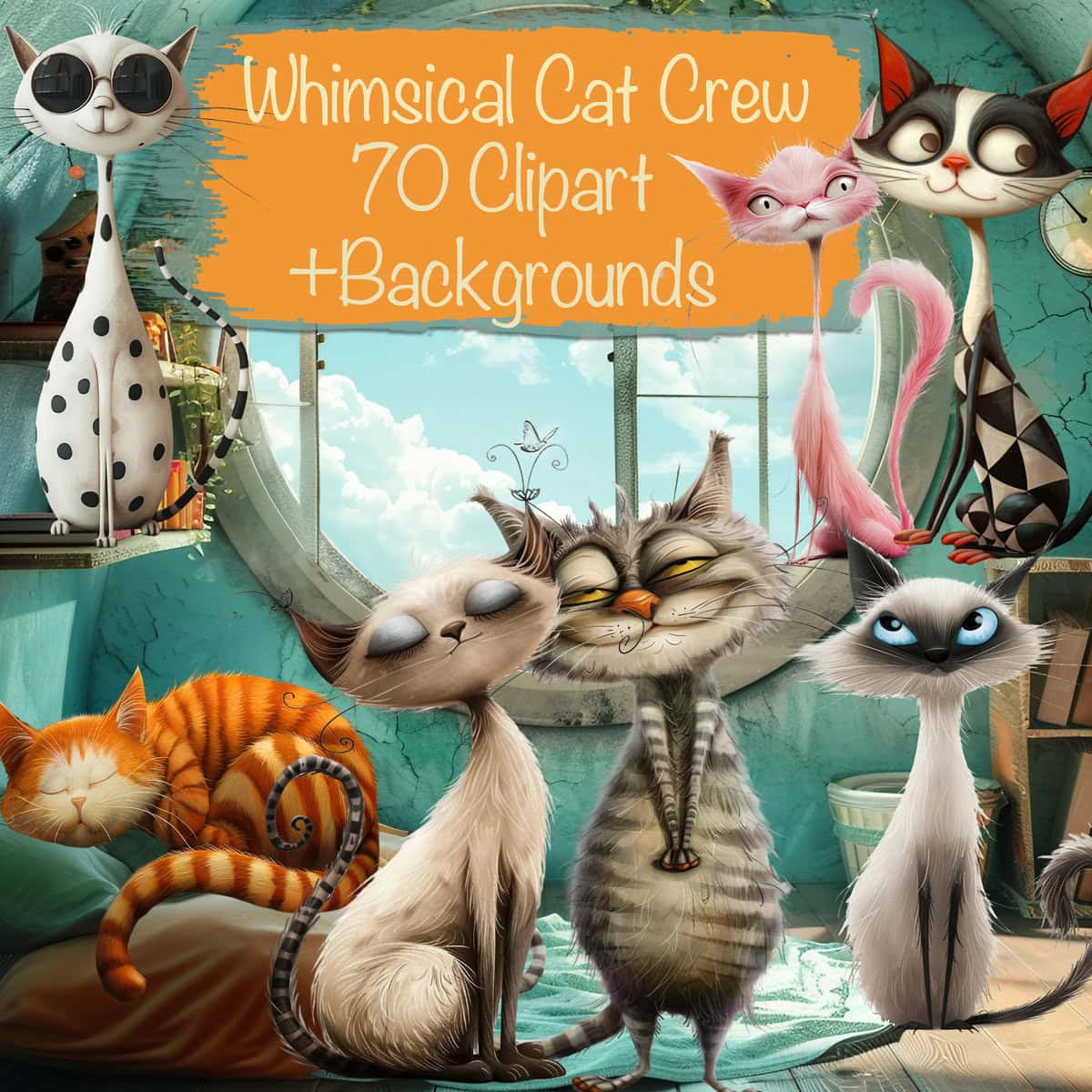 Whimsical Cat Crew Clipart & Backgrounds
