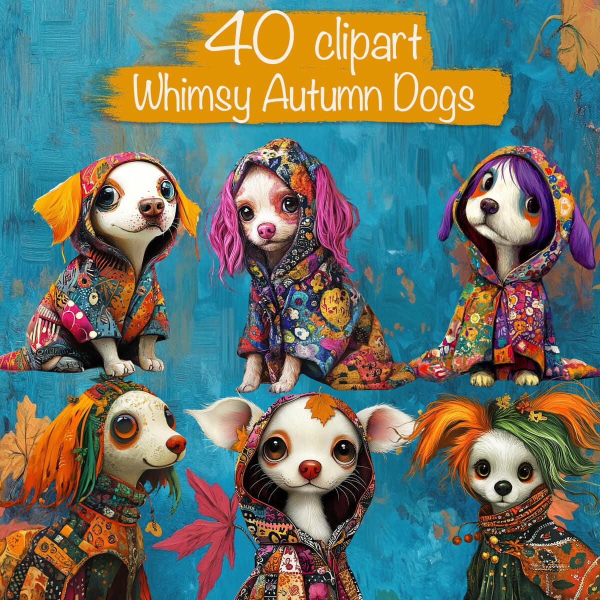 Whimsical Autumn Dogs Clipart & Backgrounds