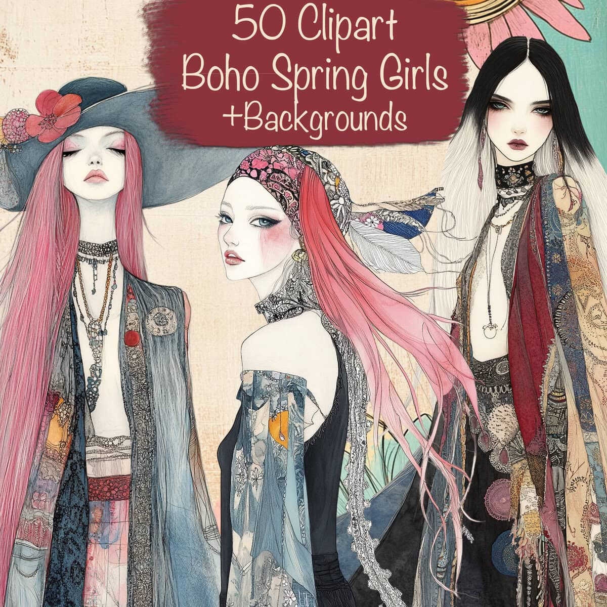 Boho Spring Girls Clipart & Backgrounds