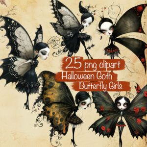 Whimsical Halloween Goth Butterfly Girls Clipart