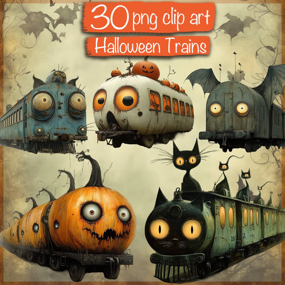 Whimsy Halloween Trains Clipart