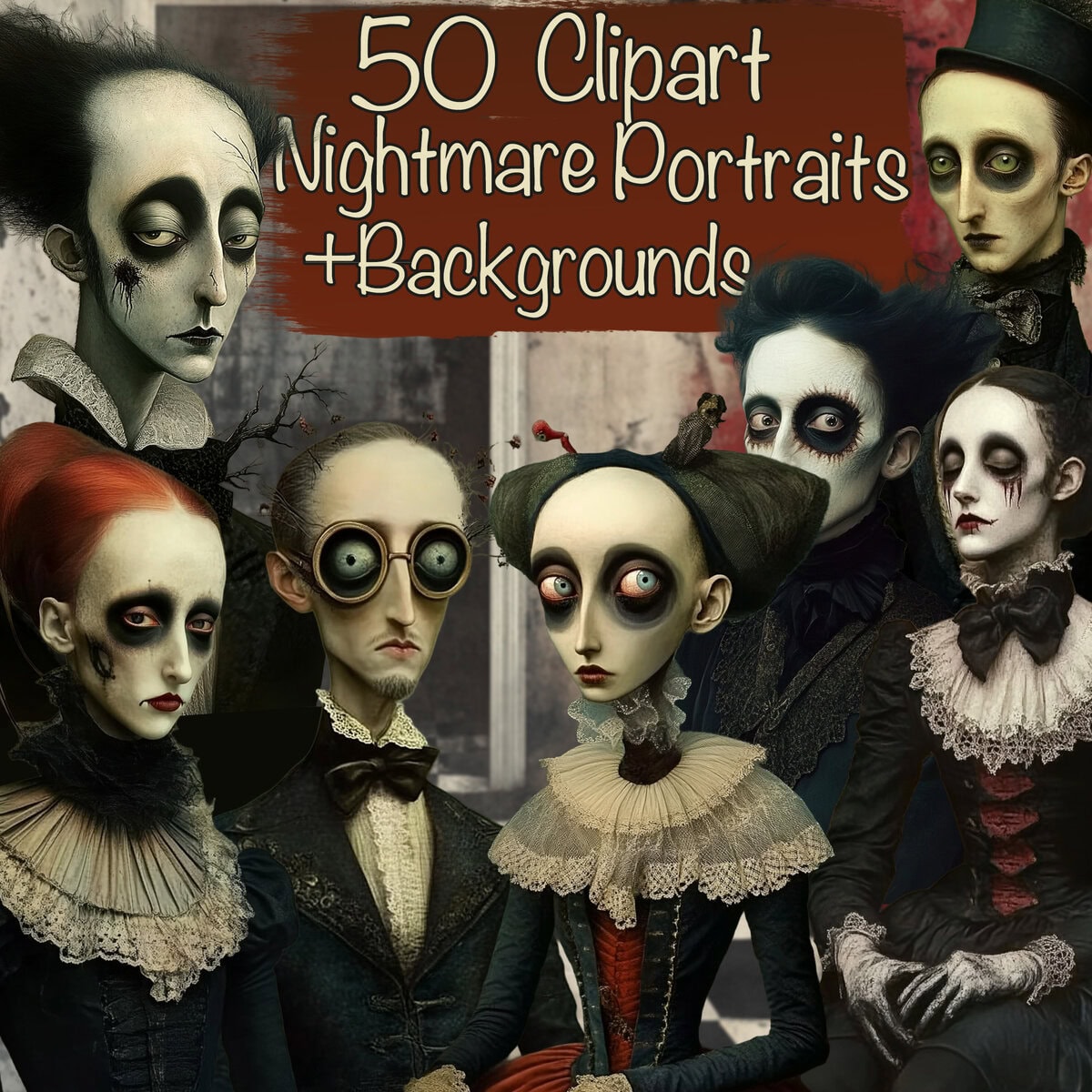 Surreal Nightmare Creepy Halloween Portraits Clipart & Backgrounds