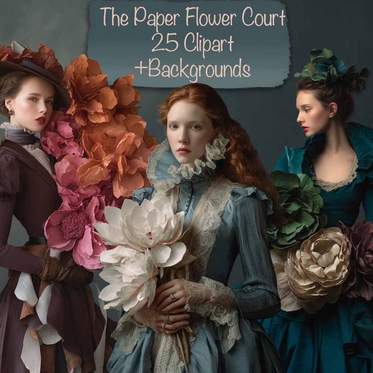 Woman Portraits with Paper Flowers Clipart & Backgrounds