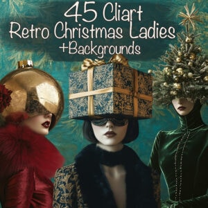 Retro Style Surreal Christmas Woman Portraits Clipart & Backgrounds