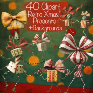 Surreal Whimsical Vintage Christmas Presents Clipart & Backgrounds