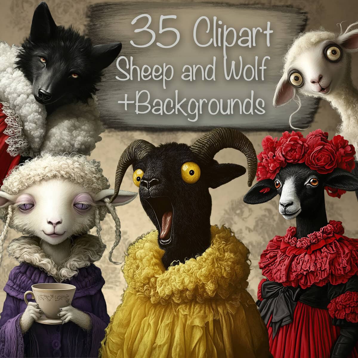 Whimsy Funny Sheep Characters Clipart & Backgrounds