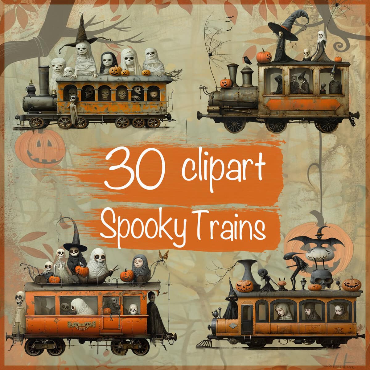 Whimsical Halloween Trains Clipart