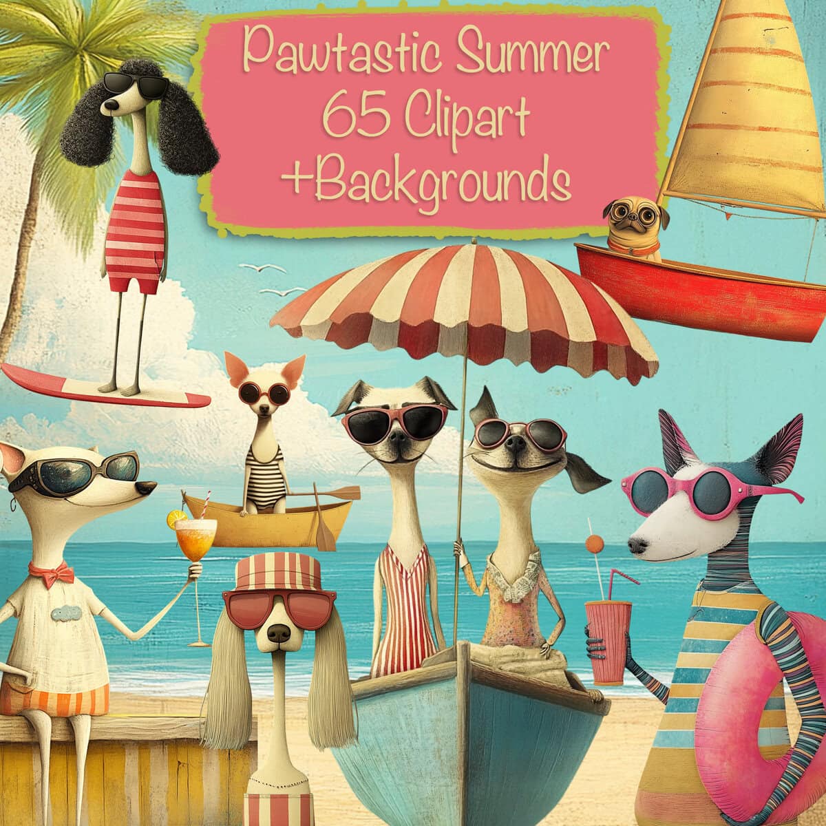 Whimsical Dogs Summer Clipart & Backgrounds