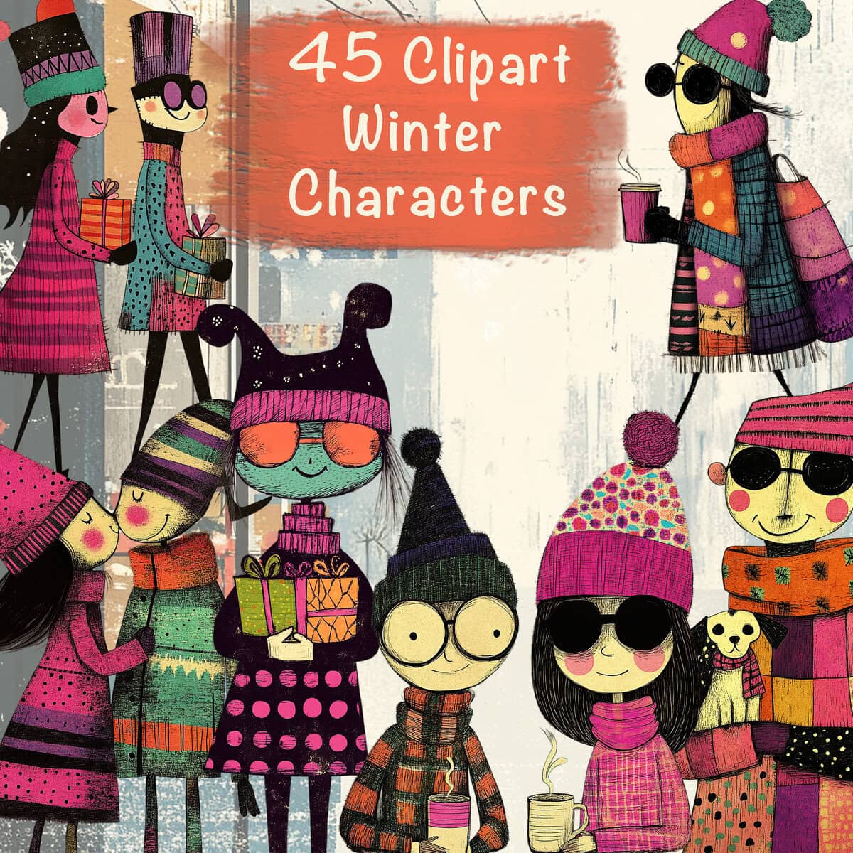 Colorful Winter Characters Clipart & Backgrounds