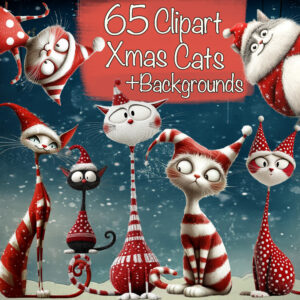 Whimsical Quirky Christmas Cats Clipart & Backgrounds